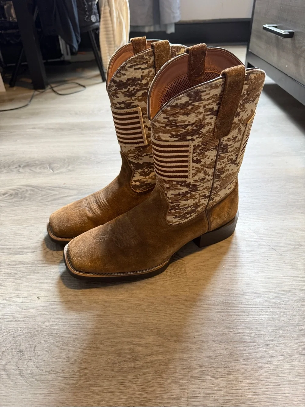 Men's Ariat Brown Suede Western Work Boots with Camo Shaft